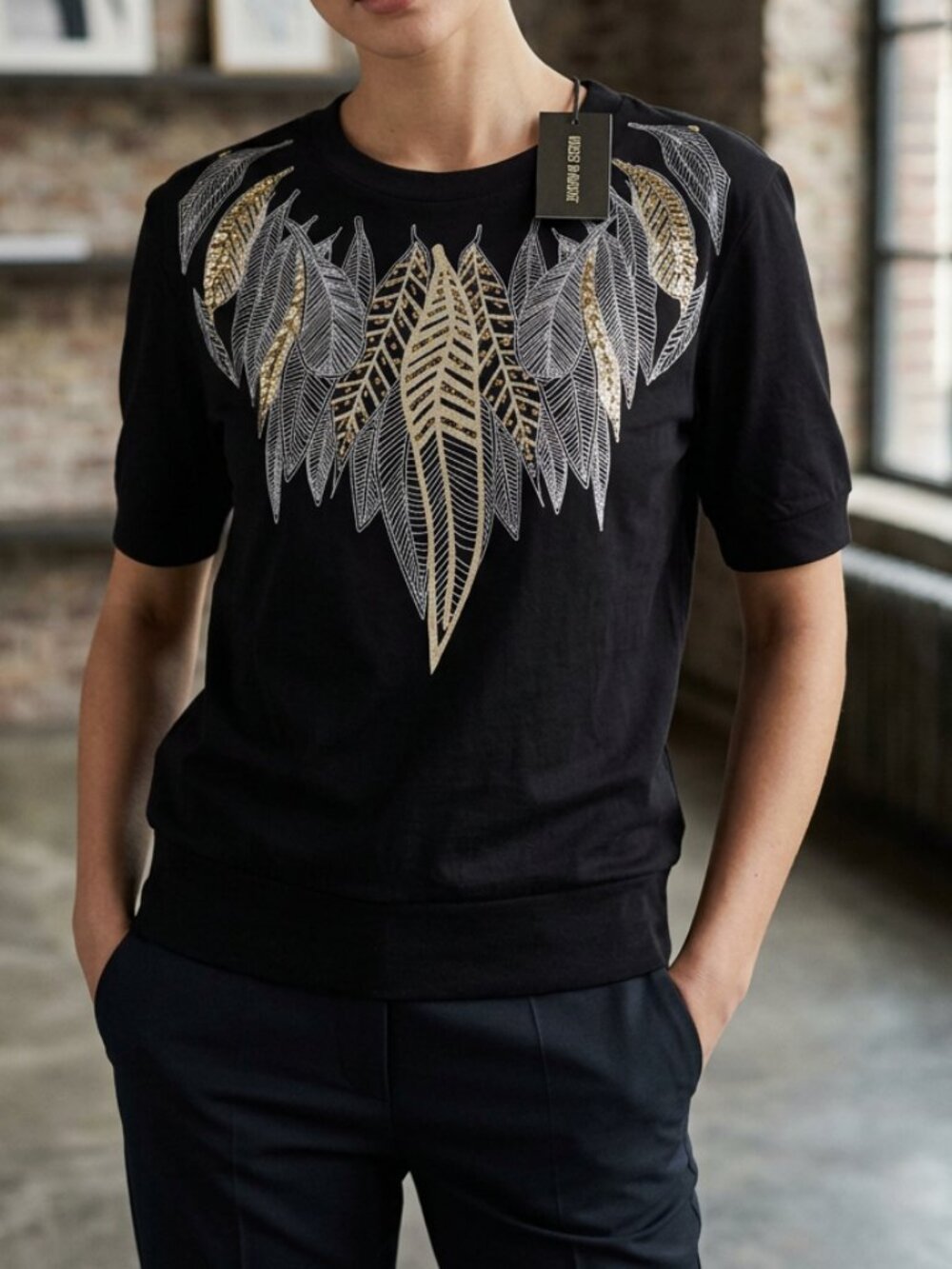 NWT Navie Feathered Black Short Sleeve Top